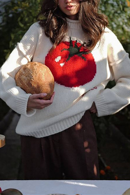 Embroidered Tomato Pattern Knit Sweater
