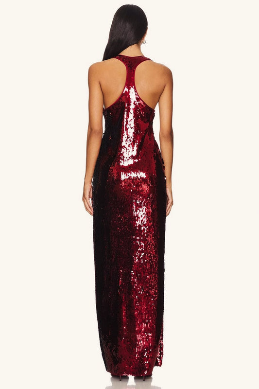 Elegant Sling Sleeveless U Neck Fitted Slit Sequin Dress