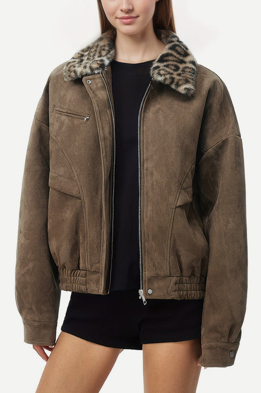 Leopard Fur Collar Barn Jacket