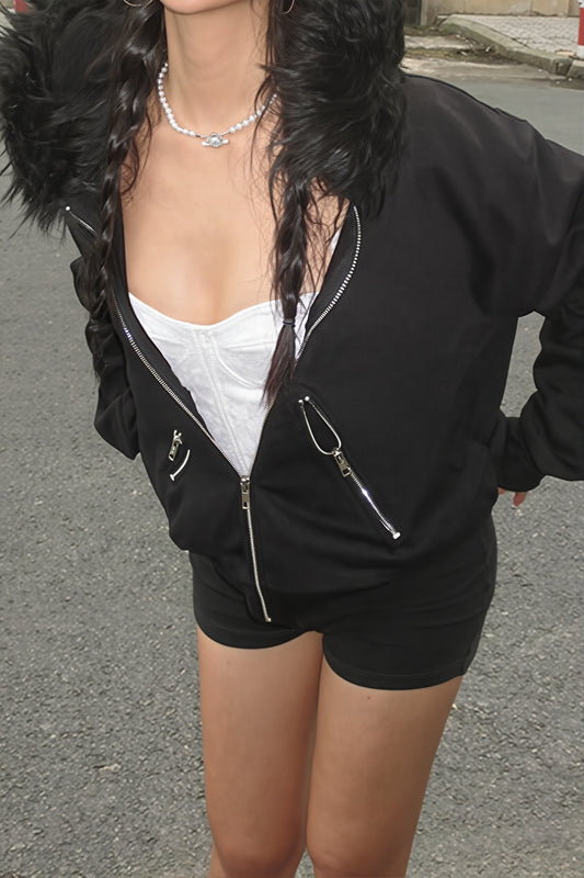 Faux Fur Trim Cropped Zip Hoodie