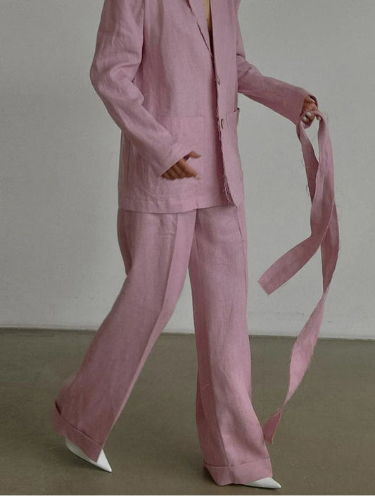 Pink Cotton Lace-Up Wide Pants Office Two Piece Set