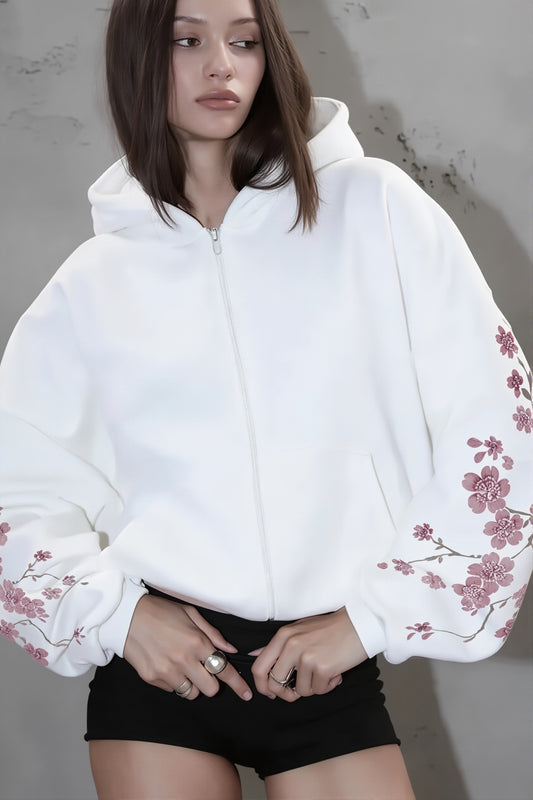 White Cherry Blossom Sleeve Hoodie