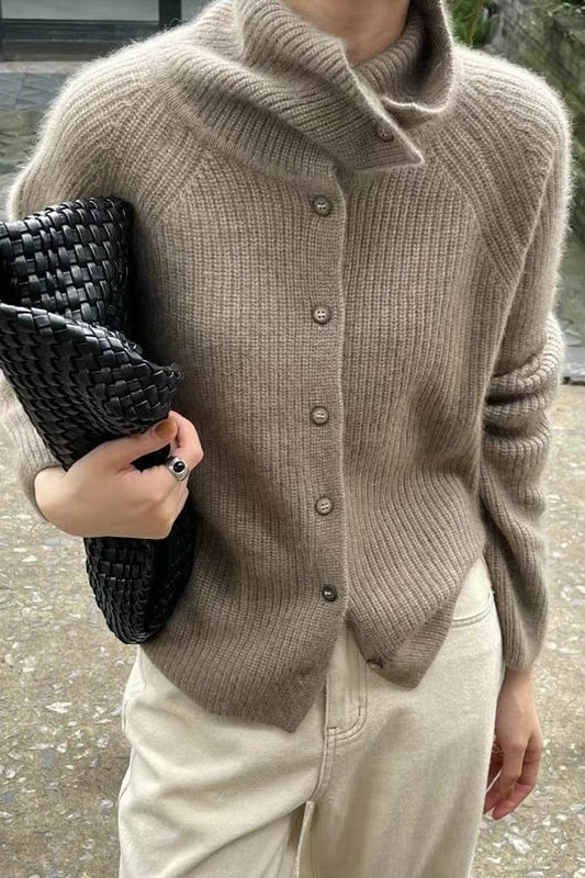 Retro Textured Rib Slim-Fit Single-Row Button Loose Solid Knit Cardigan