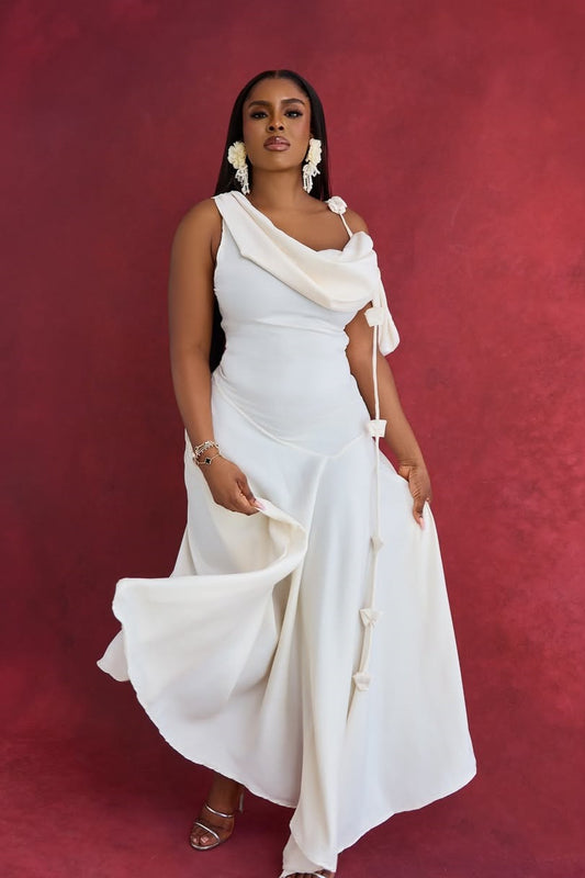 Solid Asymmetrical Shoulder Cowl Neck Cami Maxi Dress