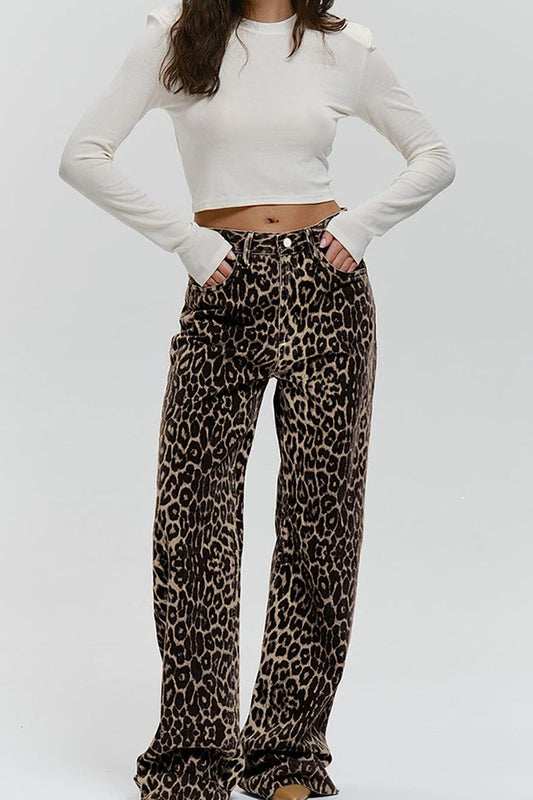 Casual Pure Cotton Leopard Print Wide Leg Pants Brown / XS