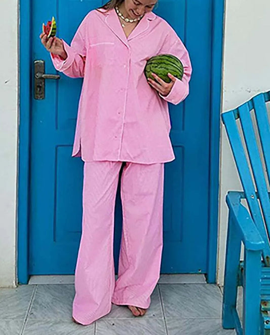 Pink Print Pockets Straight Trousers Office Two Piece Set