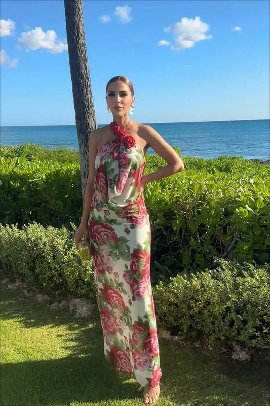 Rose Halter Off-Shoulder Floral Dress