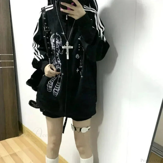 Dark Adorable Pattern Baggy Hoodie Black / S