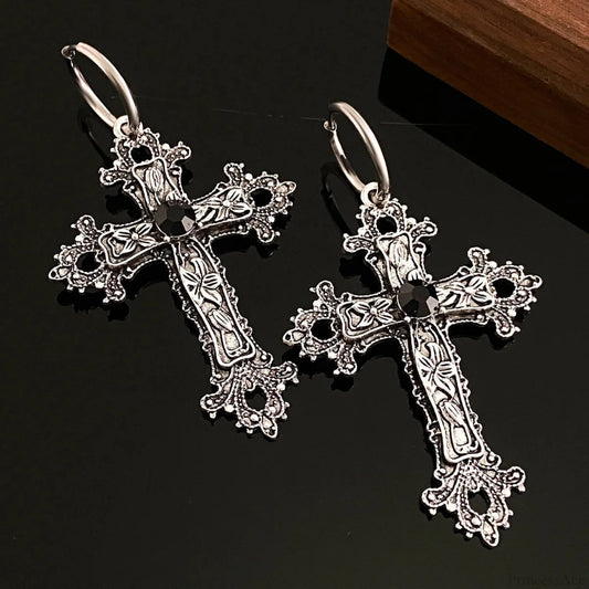 Dark Big Silver Cross Marriage Dangle Earring