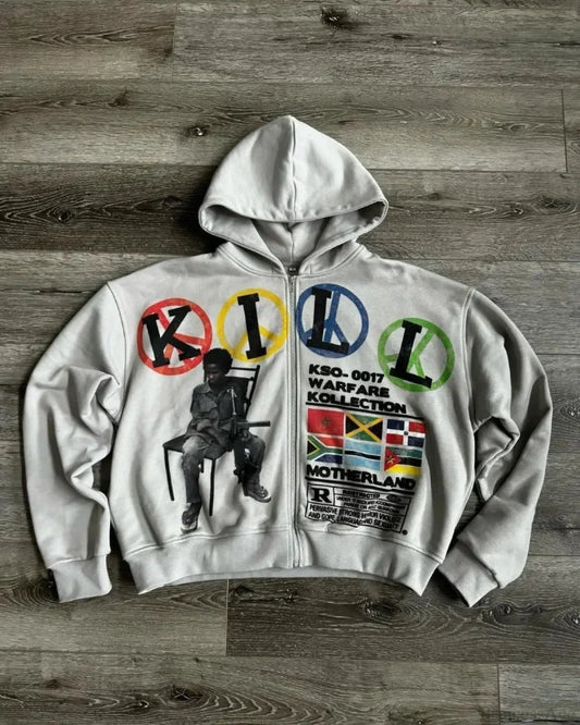 Dark Cartoon Letter Zip Hoodie White / S