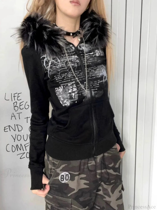Dark Furry Patchwork Hooded Sweatshirt