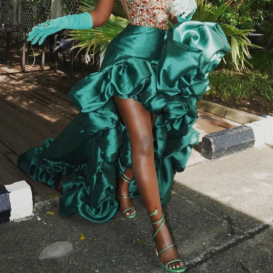 Dark Green High Low Skirt Ruffles Big Flowers Formal Wear GREEN / S skirt-250126