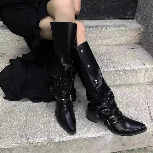 Dark Rebel Thigh High Gothic Motorbike Boot Black / 35