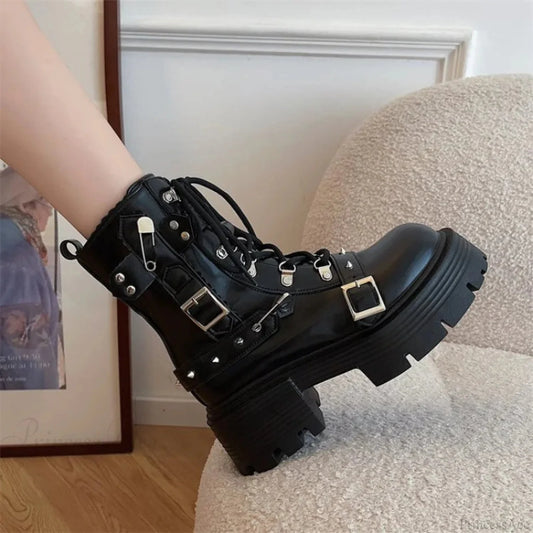 Dark Style Platform Mid-Calf Motorcycle Boot Black / 35