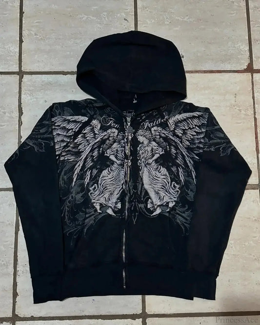 Dark Vintage Skull Zipper Hoodie black / S