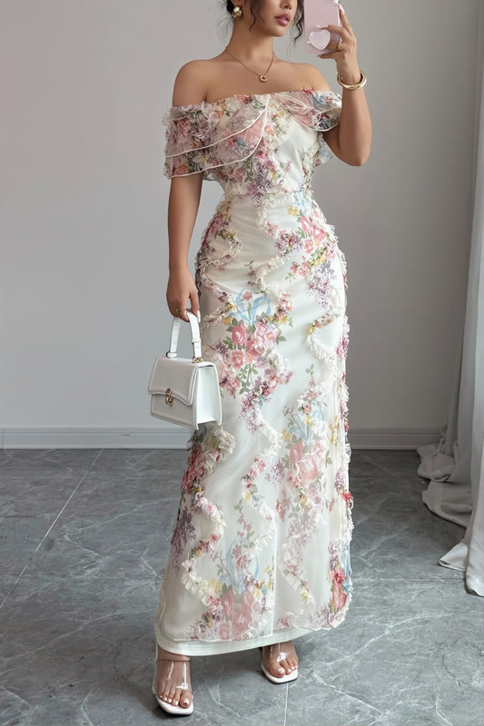 Ruffle Mesh Floral Mermaid Maxi Dress