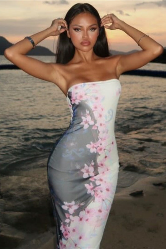 Robe longue sirène ajustée sans bretelles à fleurs