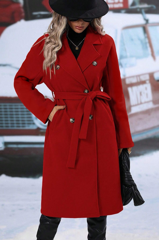 Classic Double Breasted Wool Belted Chic Outerwear