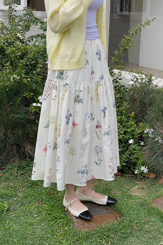 Vintage Floral Pleated A - line Midi Skirt