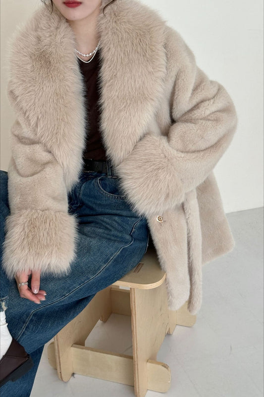 Faux Animal Fur Suede Mid-Length Notch Collar Tie Waist Coat