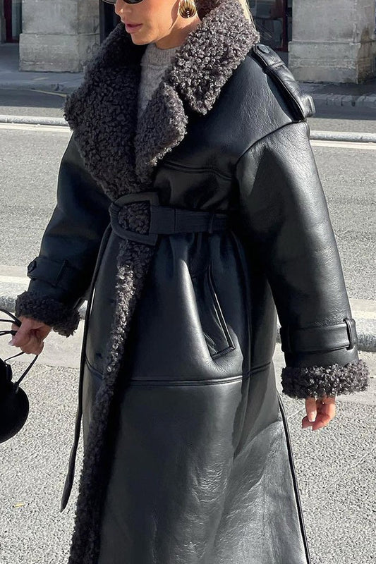 Black Faux Shearling Belted Casual Cool Overcoat