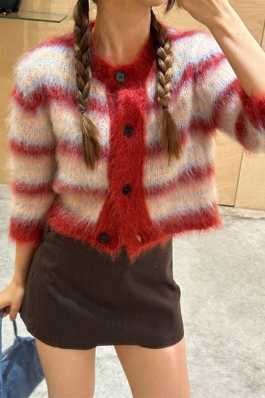 Striped Cropped Round Neck Cardigan