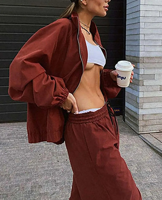Red Zipper Drawstring Trousers Office Two Piece Set