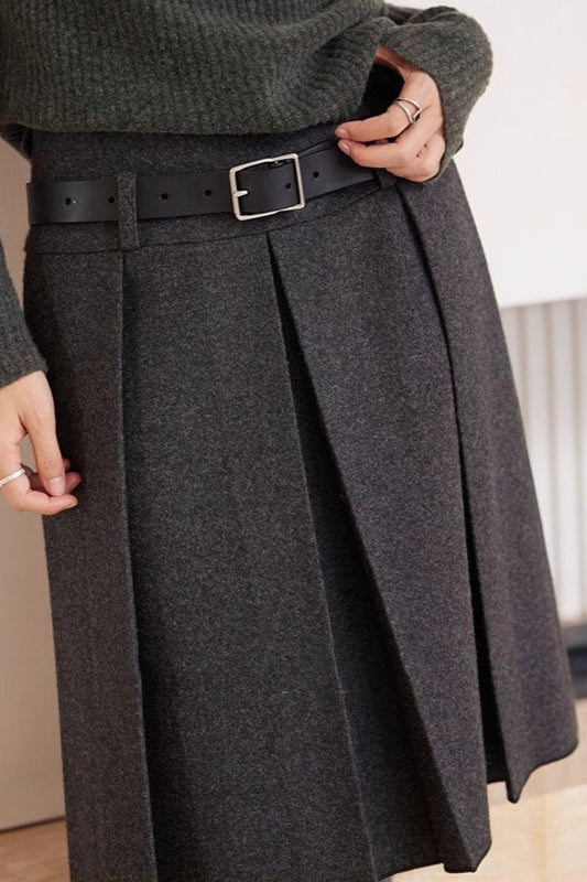 Preppy Dark Gray Wool Blend Pleated Skirt
