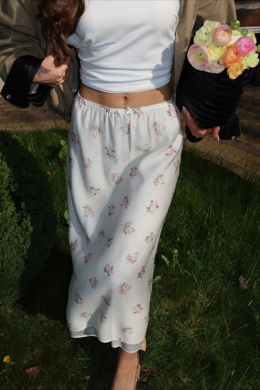 Floral Elastic-Waist Midi Skirt