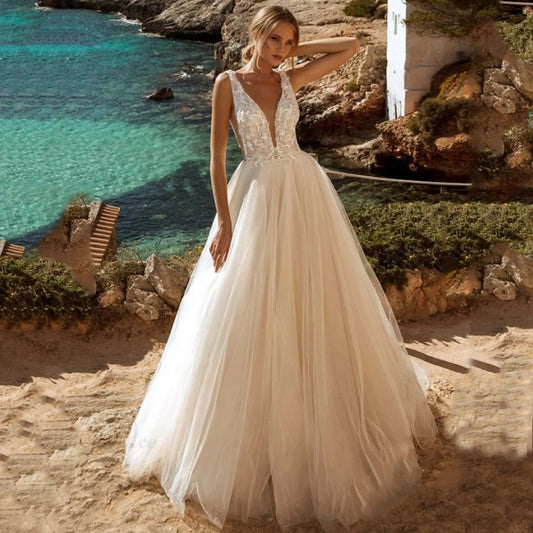 Deep V-Neck Backless Sheer Wedding Dress weddingdress-250223