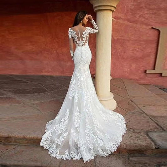 Deep V-Neck Lace Mermaid Wedding Dress white / 2 weddingdress-250223