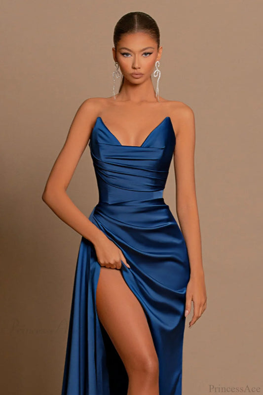 Deep V Waist-Cinched Satin Split Bodycon Party Dress