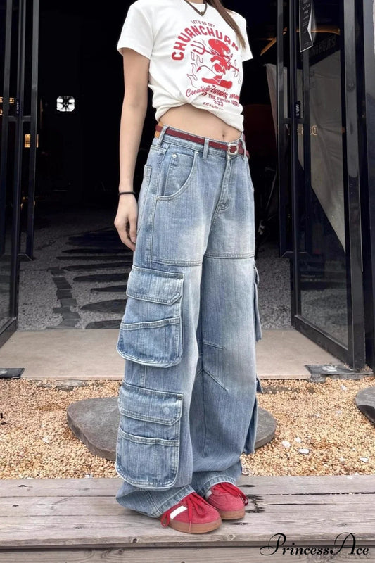 Denim Loose Multi-Pocket Wide Leg Cargo Pants Blue / S