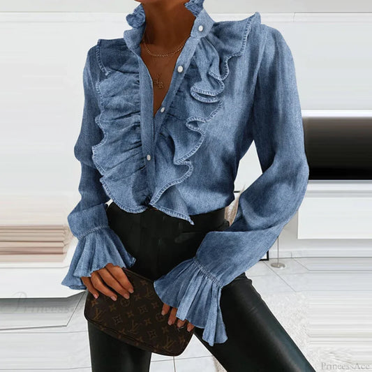 Denim Ruffled V Neck Pleated Blouse Blue / S blouse-250126