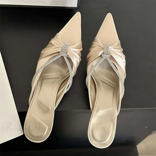 Design Style Crystal Pointed Fashion Thin Heels Shallow Casual Dress Low Heel Pump Apricot / 35