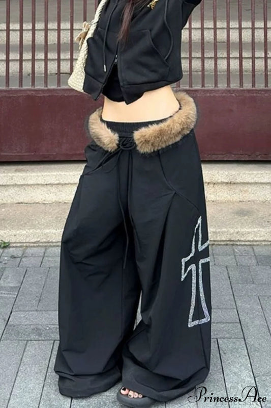 Detachable Fur-Collar Loose Wide-Leg Pants Black / S