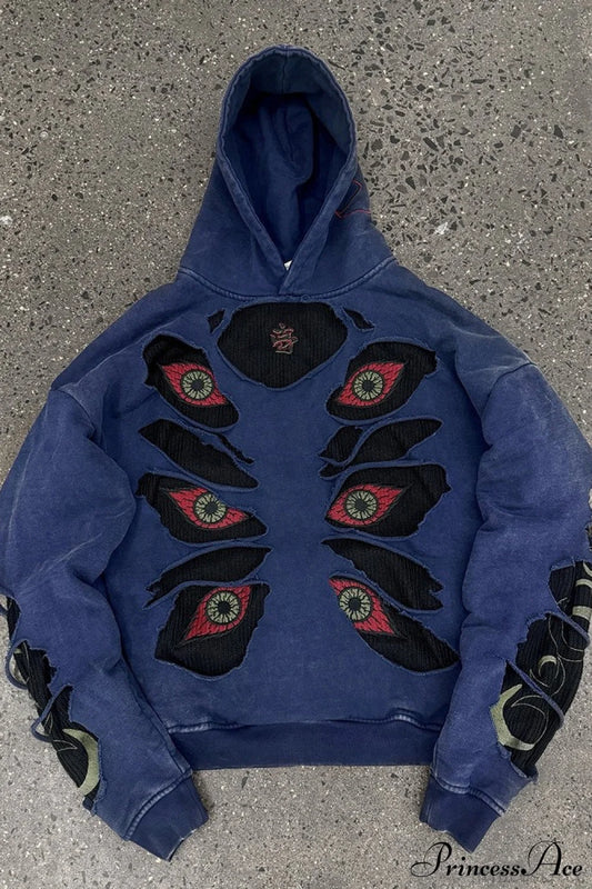 Devil Eye Ripped Embroidered Vintage Hoodie Blue / S