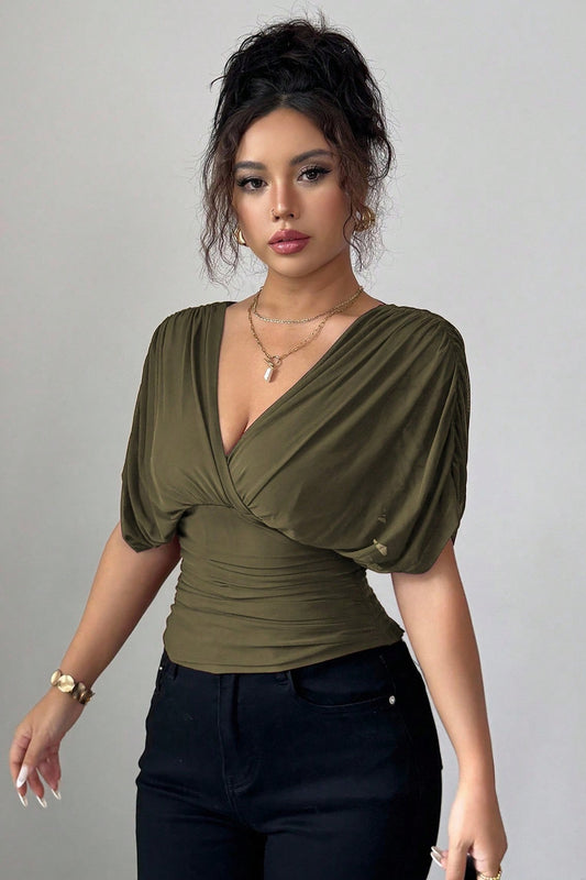 Ruched Deep V Flutter Sleeve Blouse