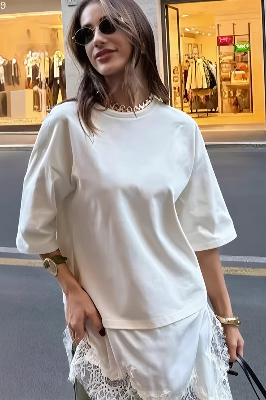 Lace Panel Asymmetric Hem T Shirt