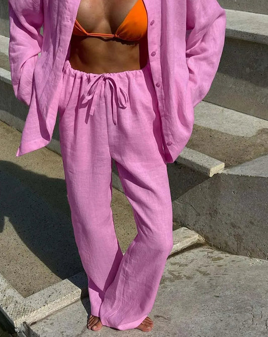 Pink Cotton Single Breasted Trousers Office Two Piece Set