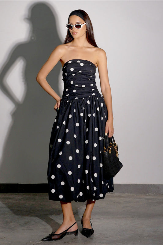 Elegant Polka Dot Strapless Bodycon Maxi Dress