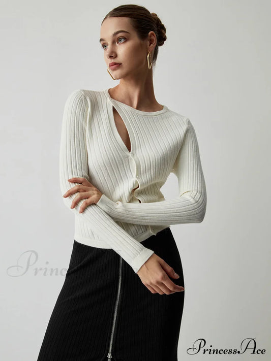 Diagonal Buttoned Rib Trendy Long Sleeve Top White / S Sweaters-L