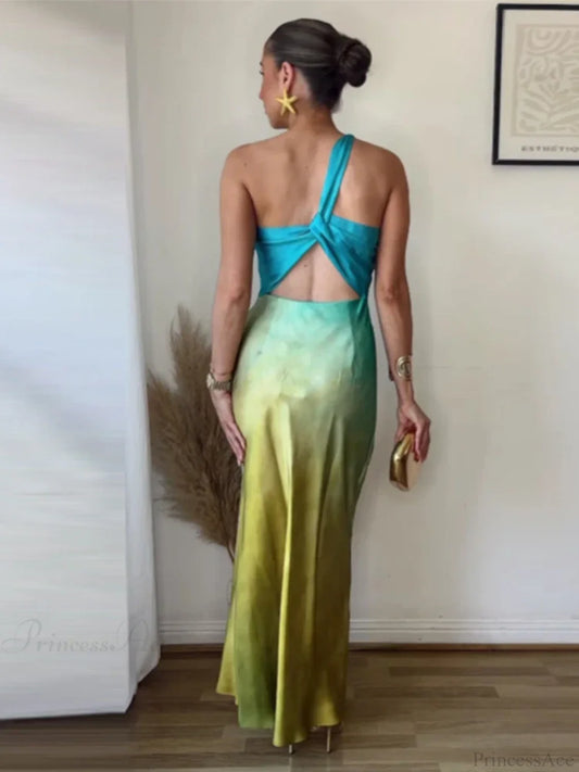 Diagonal Collar Gradient Vacation Dress vacationdress-250223