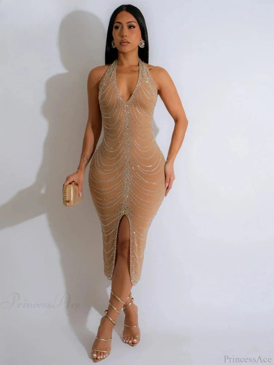 Diamond Halter Midi Party Dress Apricot Dress / S Partydress-241208