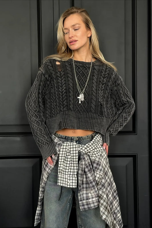 Distressed Crew Neck Cropped Crop Top Knit Sweater Grey / S