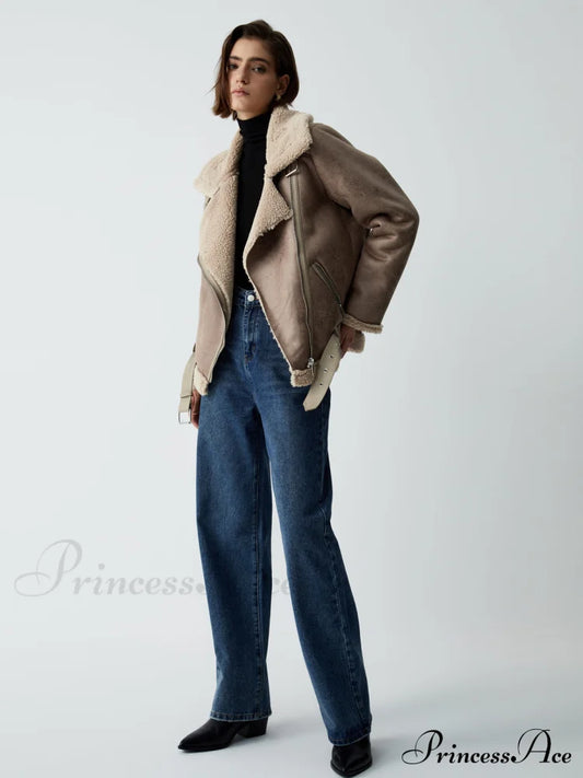 Distressed Leather Graceful Fleece Aviator Jacket Jackets