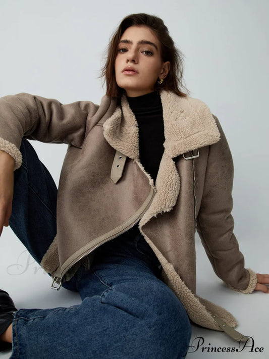 Distressed Leather Graceful Fleece Aviator Jacket Khaki / Xs Jackets