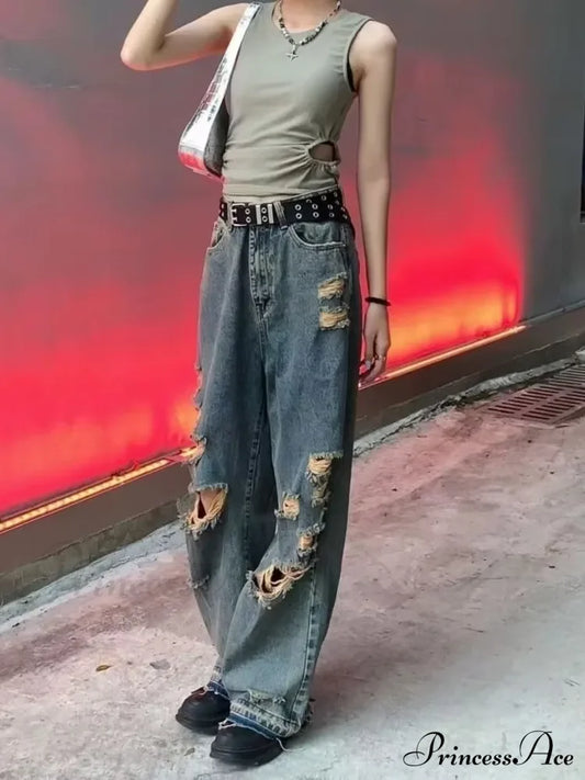 Distressed Trendy Brand Washed Vintage Versatile Wide Leg Design Inset Jean Blue / S