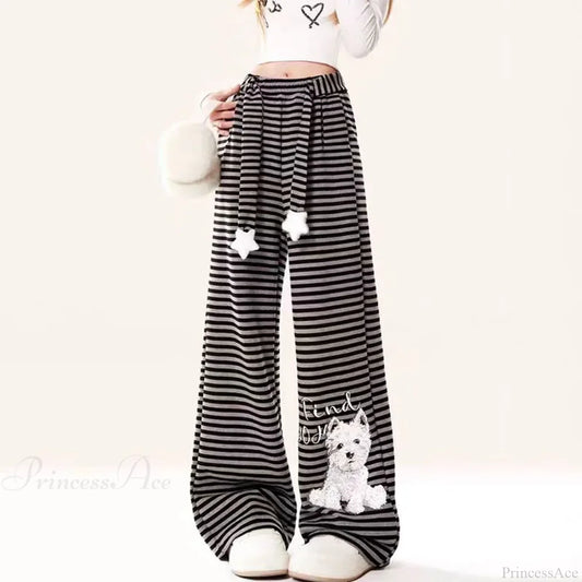 Dog Print Striped Fleece Casual Pants black / S