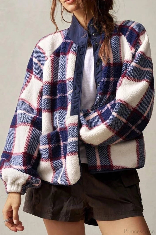 Double-Fleece Plaid Wool Long Sleeve Jacket Blue / S